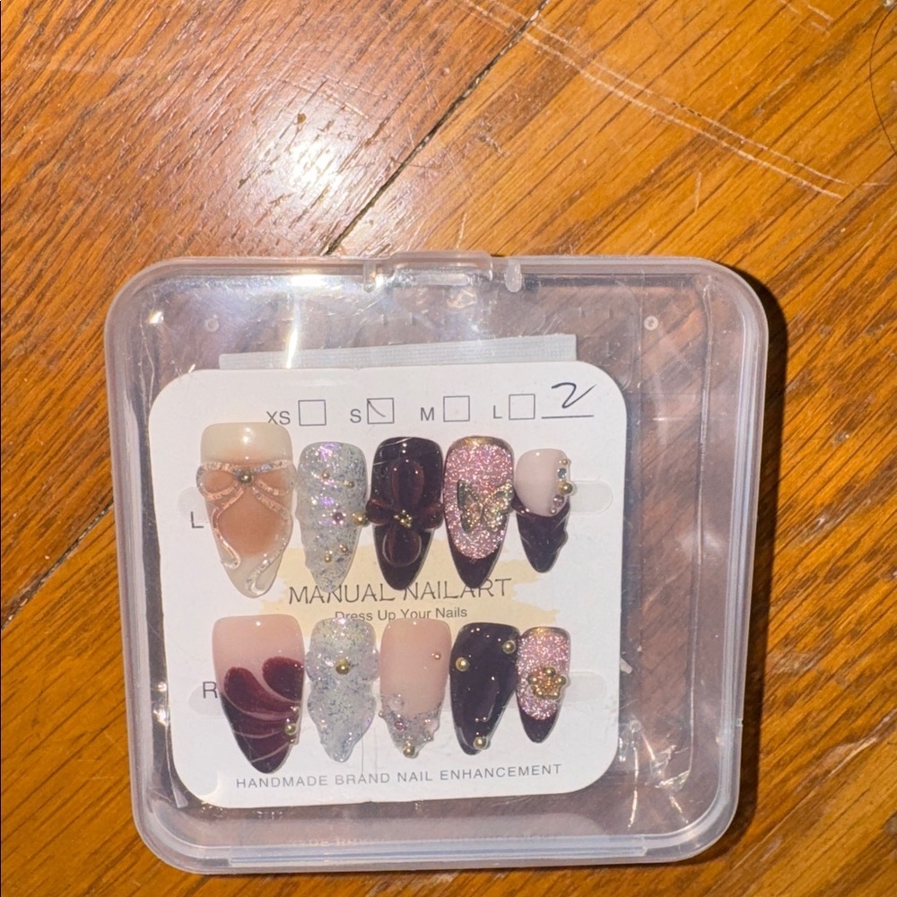 Purple burgundy plum silver nude Nail set sparkle butterfly Pearl press on glue